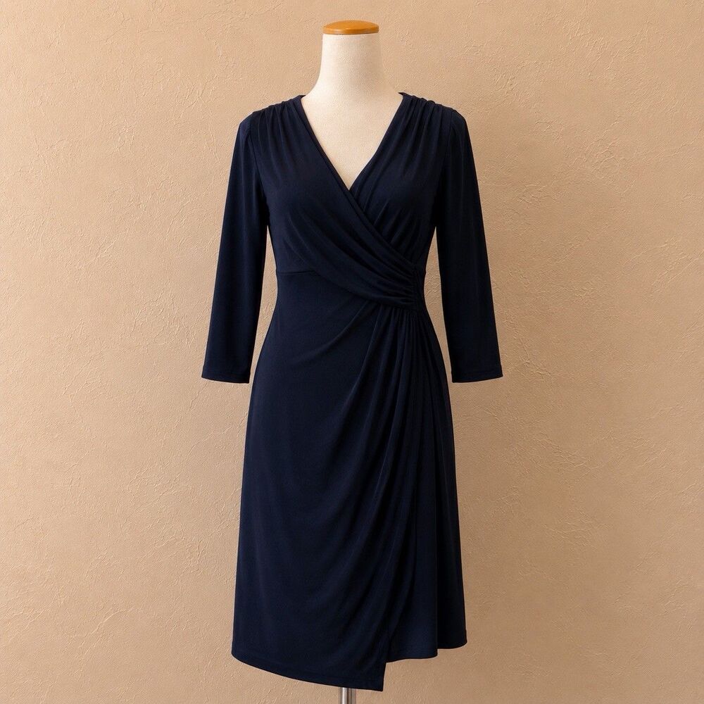Lauren Ralph Lauren Women Size 2 Navy Surplice Faux Wrap Midi Dress Career Chic